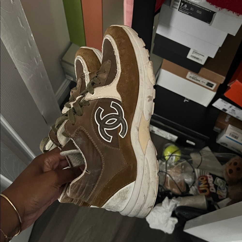 CHANEL Olive and Cream Sneakers